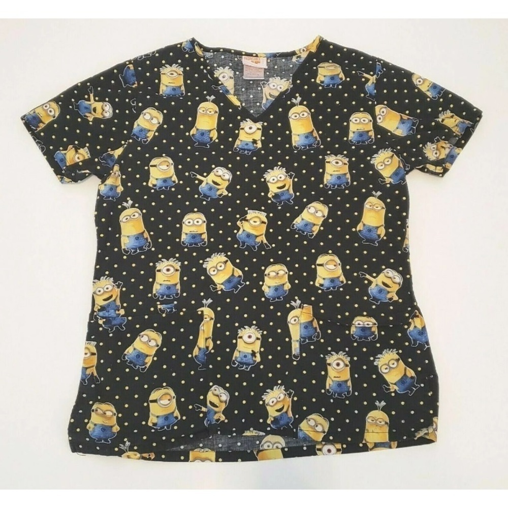 Despicable Me Scrub Top Minions Black Yellow V-Neck XS
